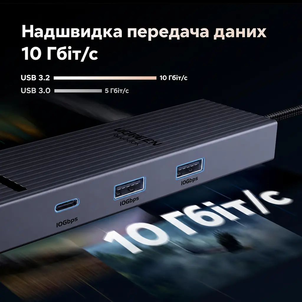 Док-станція UGREEN Revodok Pro CM828 хаб з підключенням до комп’ютера через USB-C 6 в 1 відеовихід HDMI 4K 60 Гц 2 USB-A та 1 USB-C для даних до 10 Гбіт/с Ethernet RJ45 до 1000 Мбіт/с вхід живлення USB-C PD 3.0 до 100 Вт із наскрізним заряджанням ноутбука до 85 Вт для HDMI потрібен USB-C комп’ютера з підтримкою відеовиходу дублювання екрана та розширення робочого столу з індикатором роботи вбудований кабель 0,3 м космічний сірий (45364) - фото 6