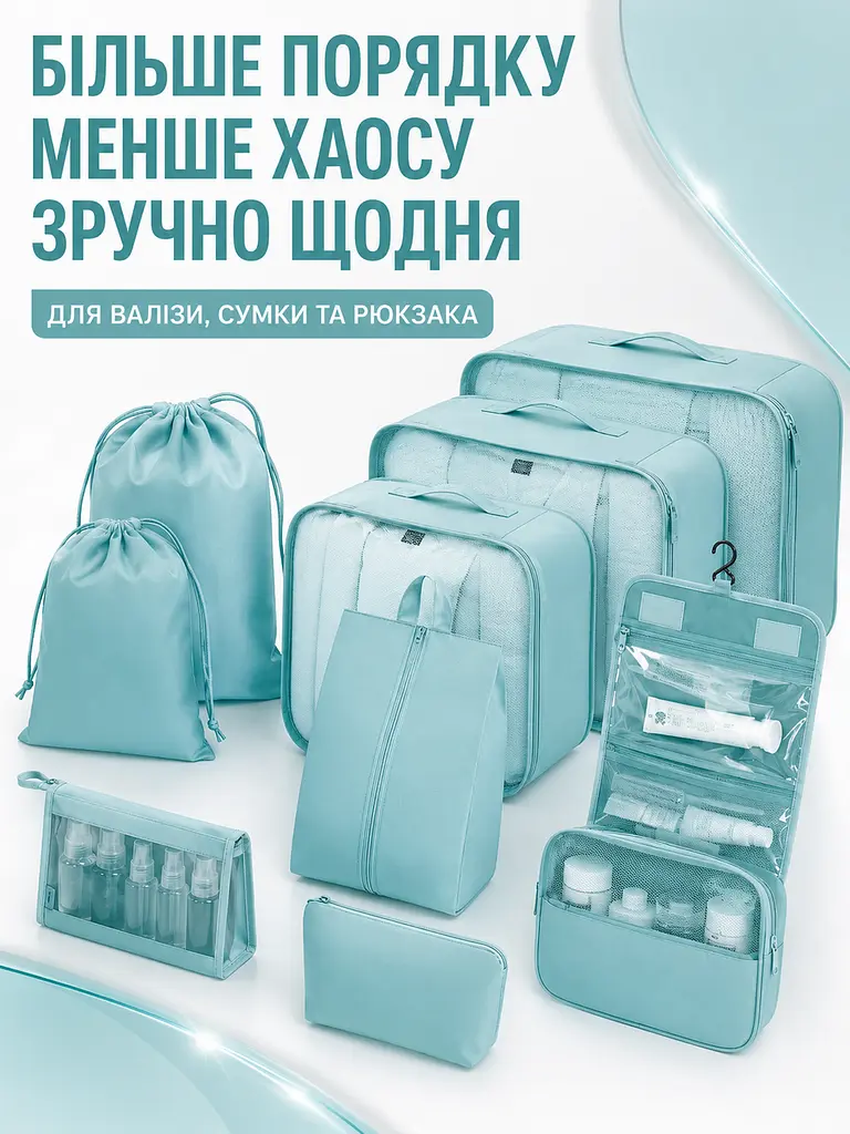 Набір дорожніх органайзерів для валізи 11 в 1 для одягу, взуття та косметики бірюзовий (49676170) - фото 8
