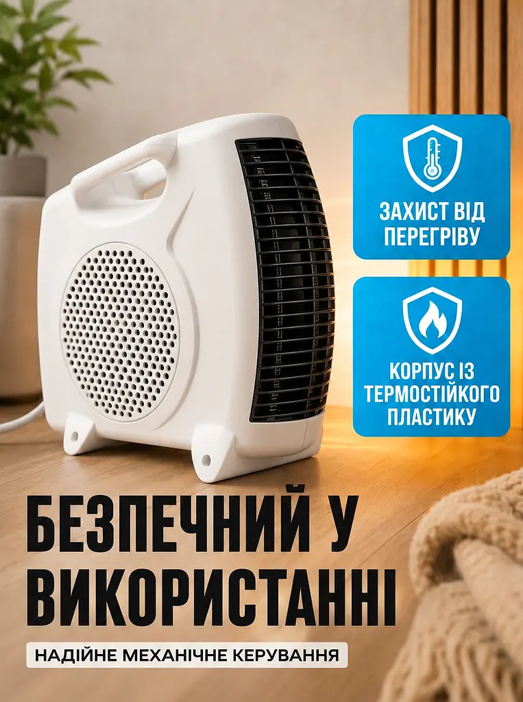 Тепловентилятор обігрівач електричний (дуйка) 2000 Вт з регульованим термостатом і захистом від перегріву, 2 режими Білий - фото 5