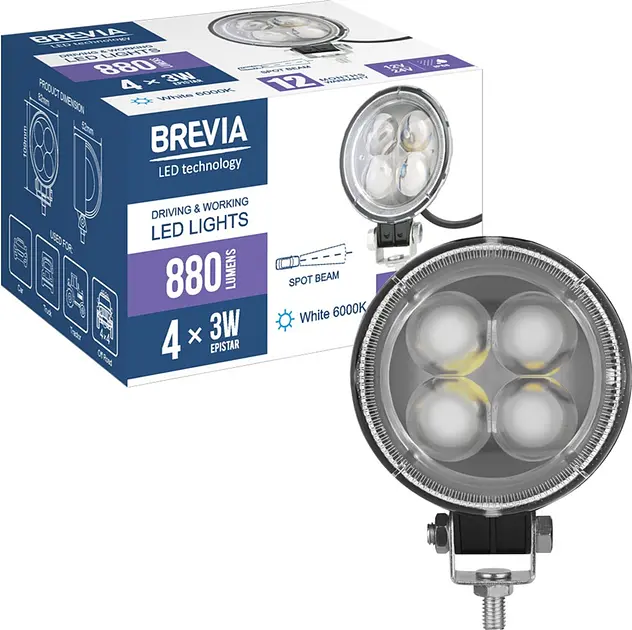 LED фара Brevia EPISTAR Sport Далеке світло 10-30V, 12W (4x3W) 880Lm Лінзована Алюмінієвий корпус IP68 (10601RFX1) - фото 7