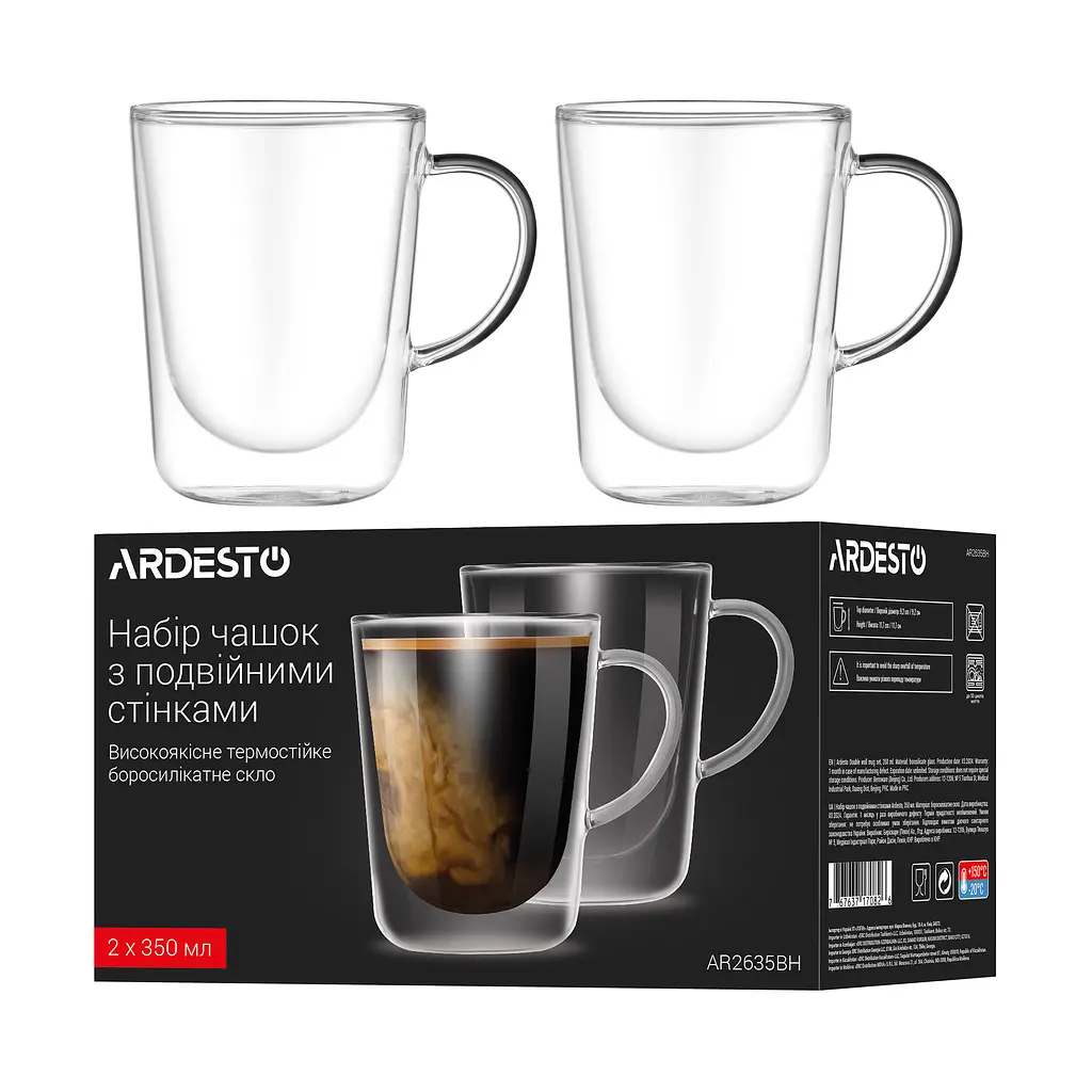 Набор чашек с ручками и двойными стенками , 350мл, 2шт, боросиликатное стекло, прозрачный ARDESTO kuh0014227 - фото 6