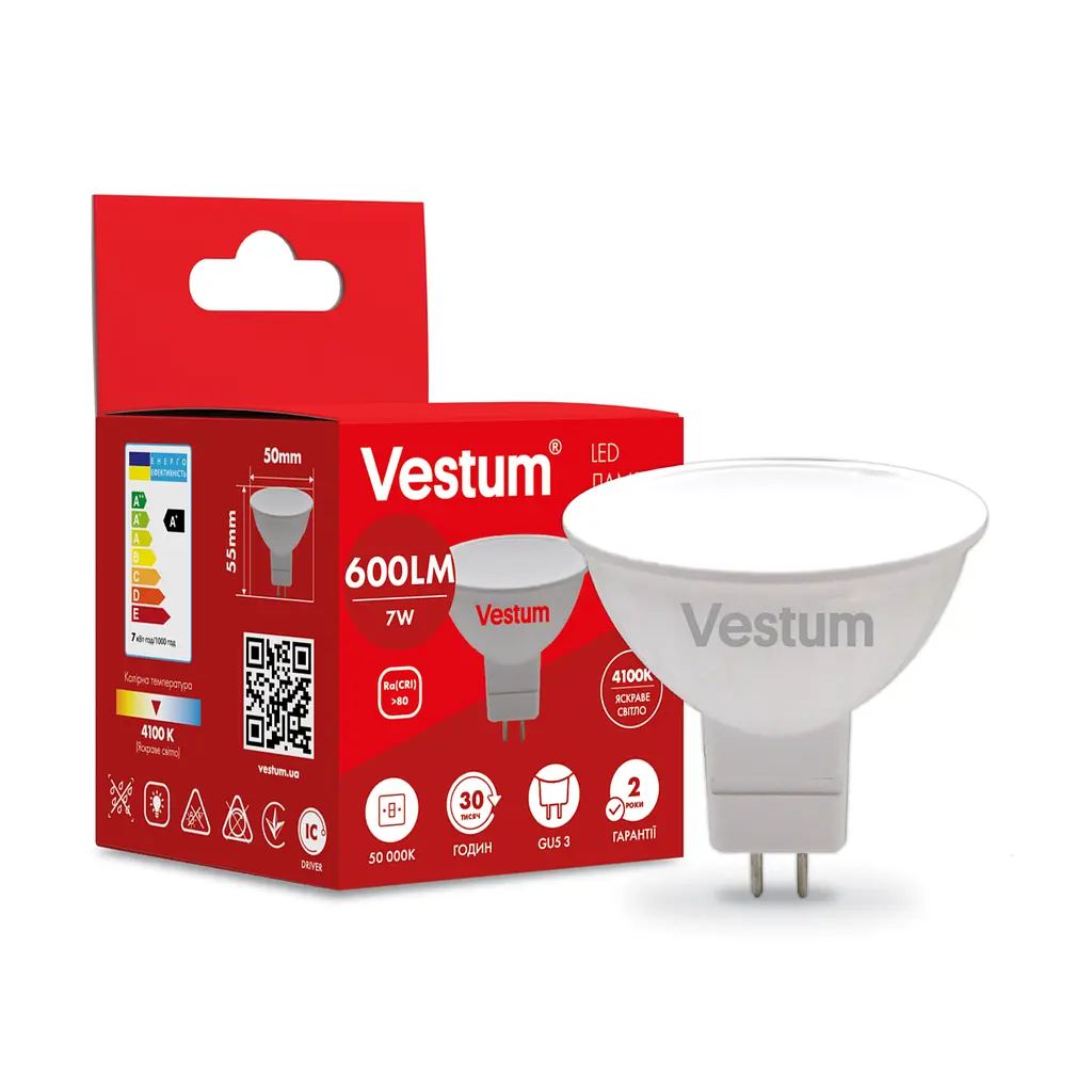 Світлодіодна лампа Vestum MR16 7W 4100K 220V GU5.3 1-VS-1510