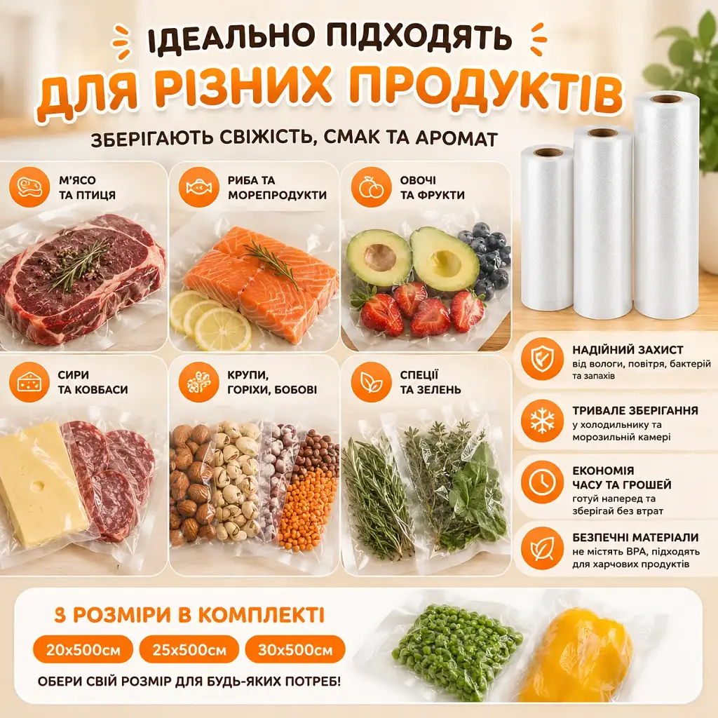 Комплект пакетів для вакууматора 3 шт 20х500 см + 25х500 см + 30х500 см Пакети для вакуумного пакувальника - фото 3