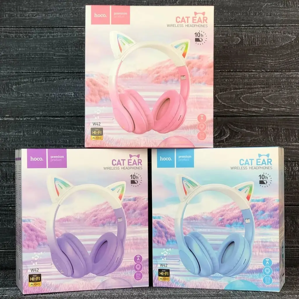 Світяться LED Bluetooth навушники Hoco w42 cat ear фіолетові - фото 4