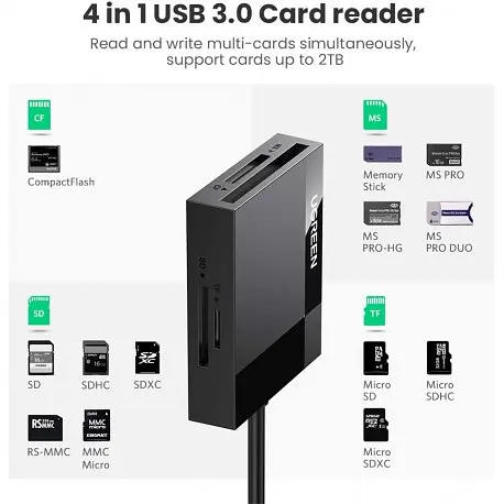 Кардидер UGREEN CR125 USB 3.0 All-in-One Card Reader 50 см чорний (30333) - фото 2