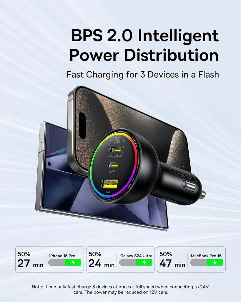 Автомобільний зарядний адаптер Baseus 152.5 W BSCC-ZX-CCL 2C+U з кабелем чорне - фото 5