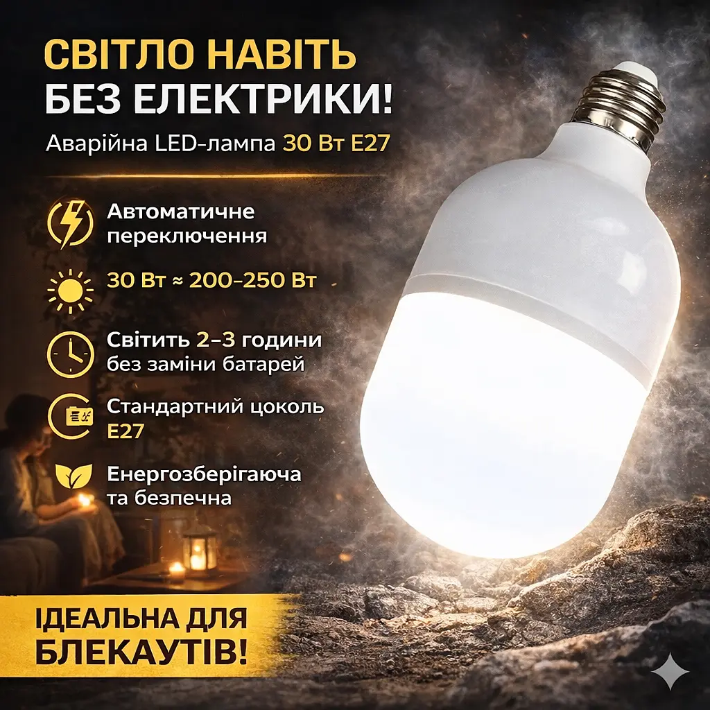 Аварійна світлодіодна лампа з акумулятором E27 30 Вт автономна робота до 23 годин, автоматичне перемикання, енергозберігаюча - фото 2