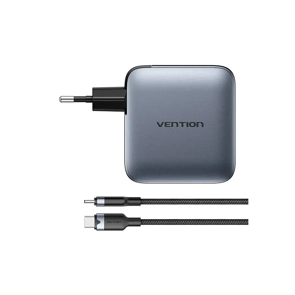 Зарядний пристрій Vention 3xUSB-C PD 100 Вт + 1xUSB QC 3.0 30 Вт GaN + кабель USB-C — USB-C 1.0 м сірий (TZ-FETH0-EU) - фото 3