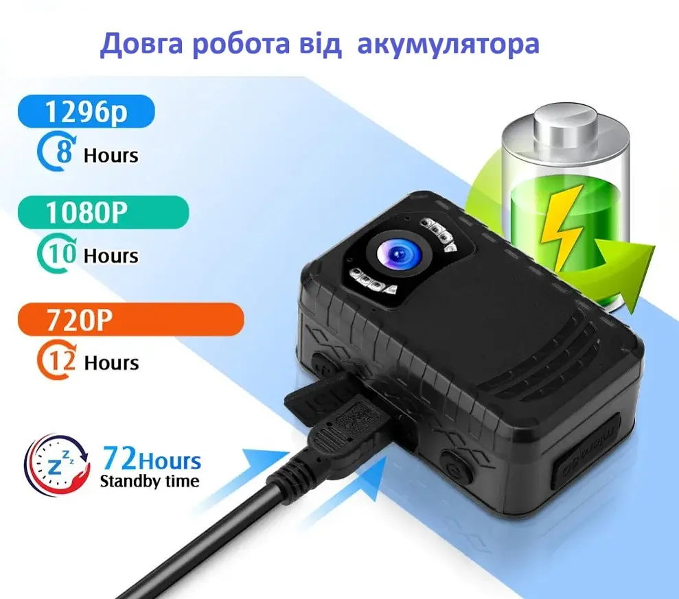 Нагрудна боді-камера Boblov N9 з дисплеєм 1.5 дюйма нічний запис датчик руху акумулятор 2600 мА·год - фото 7