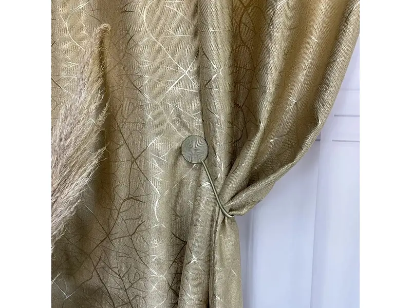 Льняні штори "бите стекло" золотистого кольору 2шт. 150х270 з білим шифоновим тюлем 400х270, на тасьмі ALBO pbe0052736 - фото 6