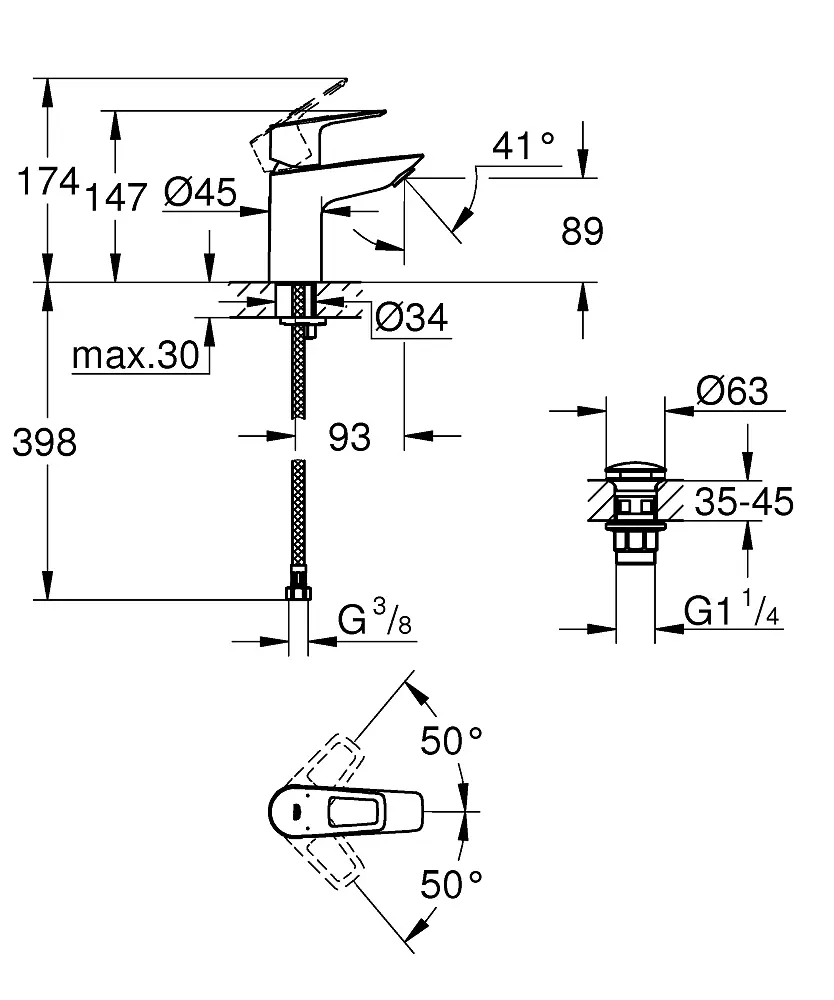 Змішувач для умивальника S-Size + натискний донний клапан Grohe BauLoop New 23878001 Хром - фото 2