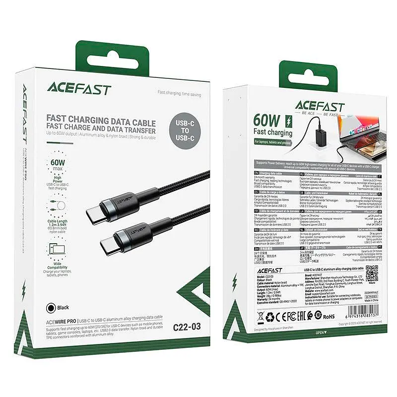 Кабель ACEFAST USB-C to USB-C aluminum alloy charging data cable C22-03 1.2m, 60W/3A - фото 2