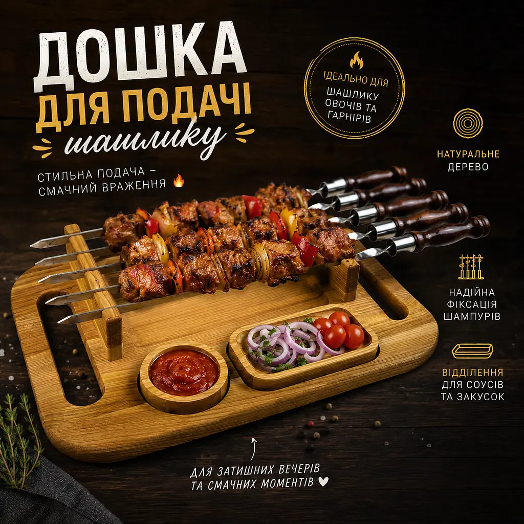 Дошка для подачі шашлику 50х34 см з 2 соусниками, дерев’яний піднос для сервірування страв - фото 6