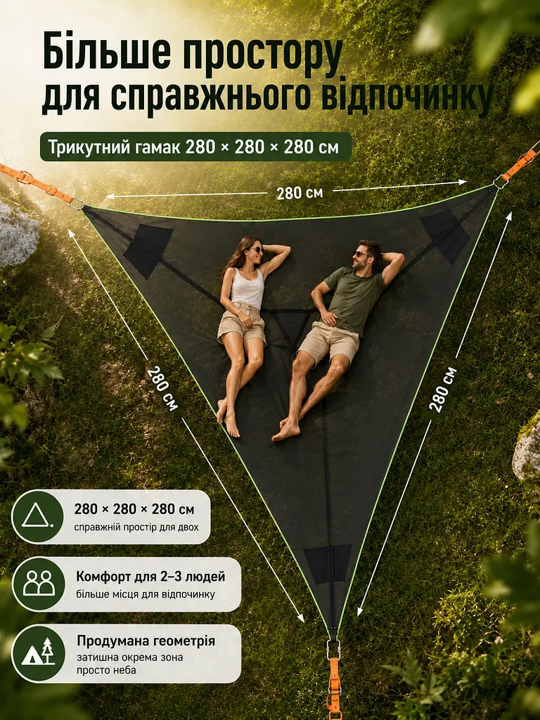 Трикутний гамак-сітка підвісний 280x280x280 см до 200 кг, чорний (49675900) - фото 4