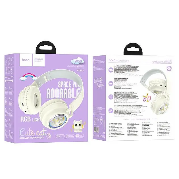 Беспроводные наушники Hoco W50, накладные, BT5.3, AUX, TF, 400mAh, 12h, с RGB подсветкой, milky white - фото 3