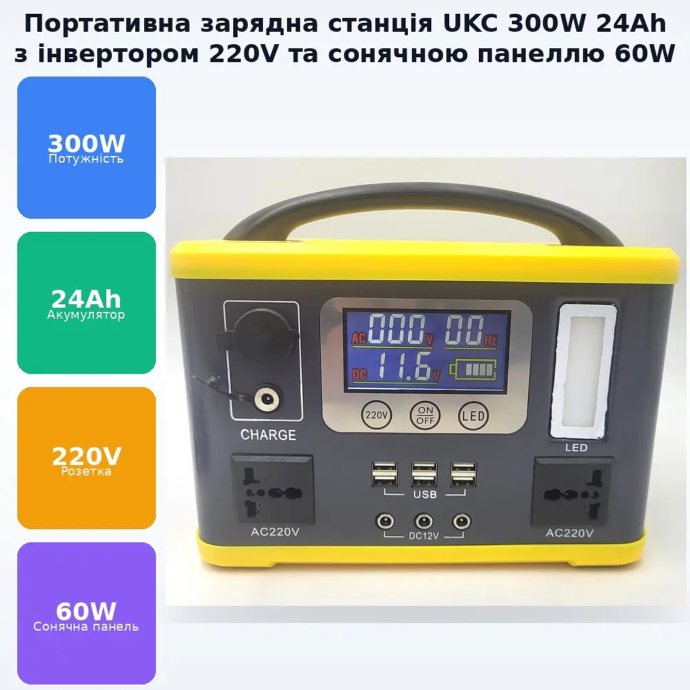 Акумуляторний інвертор 300 W 24 Ah, зарядна станція з розеткою 220 V та сонячною панеллю 60 W UKC 300 Вт - фото 2