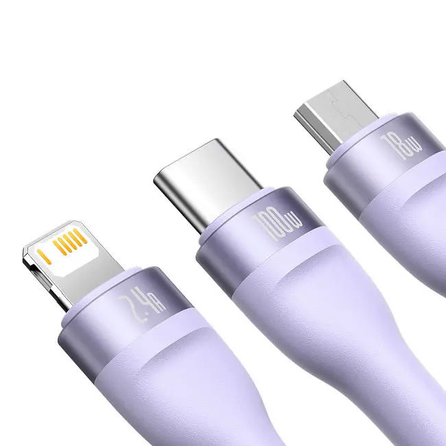 Кабель Baseus Flash Series Ⅱ 3-in-1 Cable USB to MicroUSB+Lightning+Type-C 100W 1.2m CASS030005 Purple - фото 3