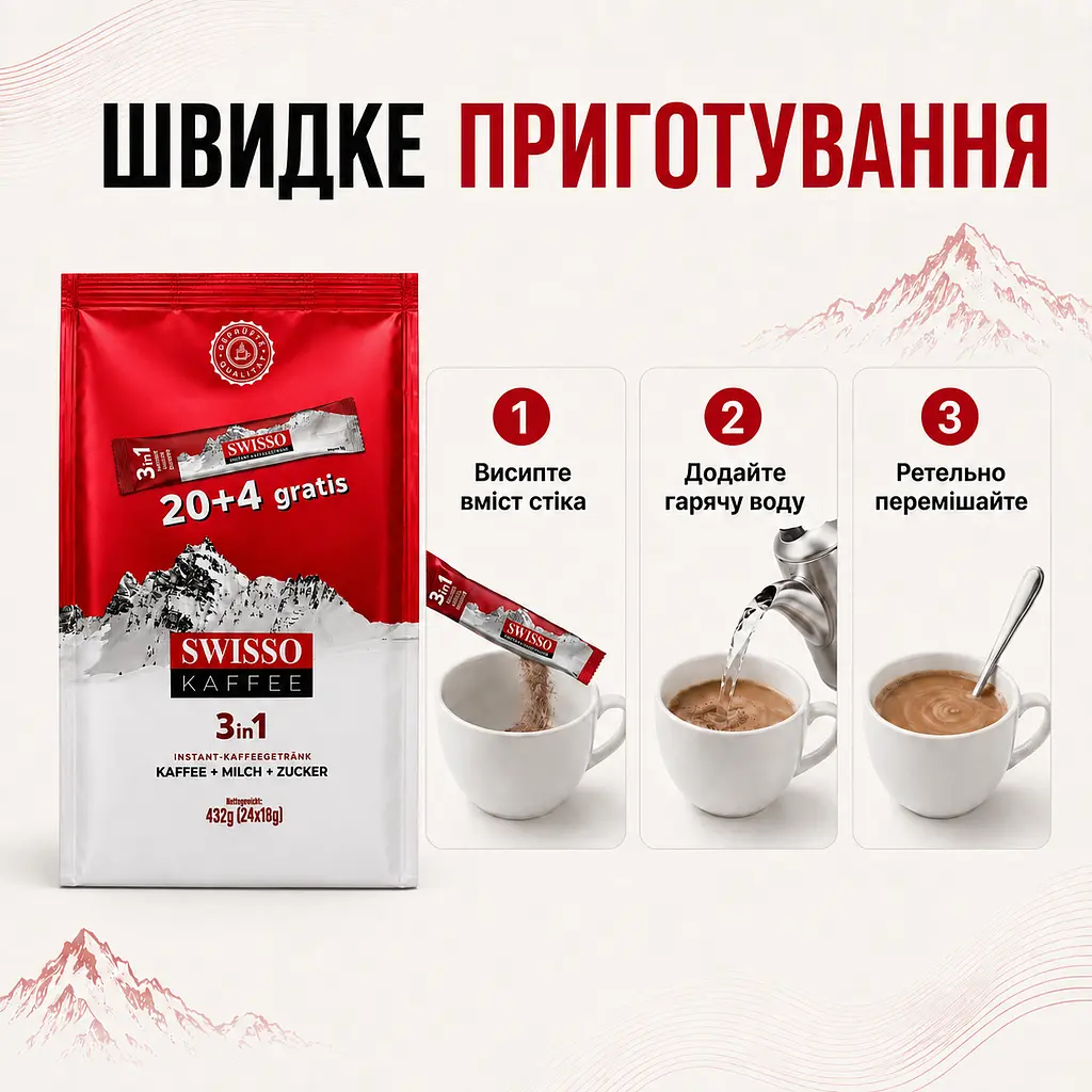 Кава розчинна Swisso Kaffee 3в1 кава молоко цукор у стіках 20+4 х 18 г - фото 4