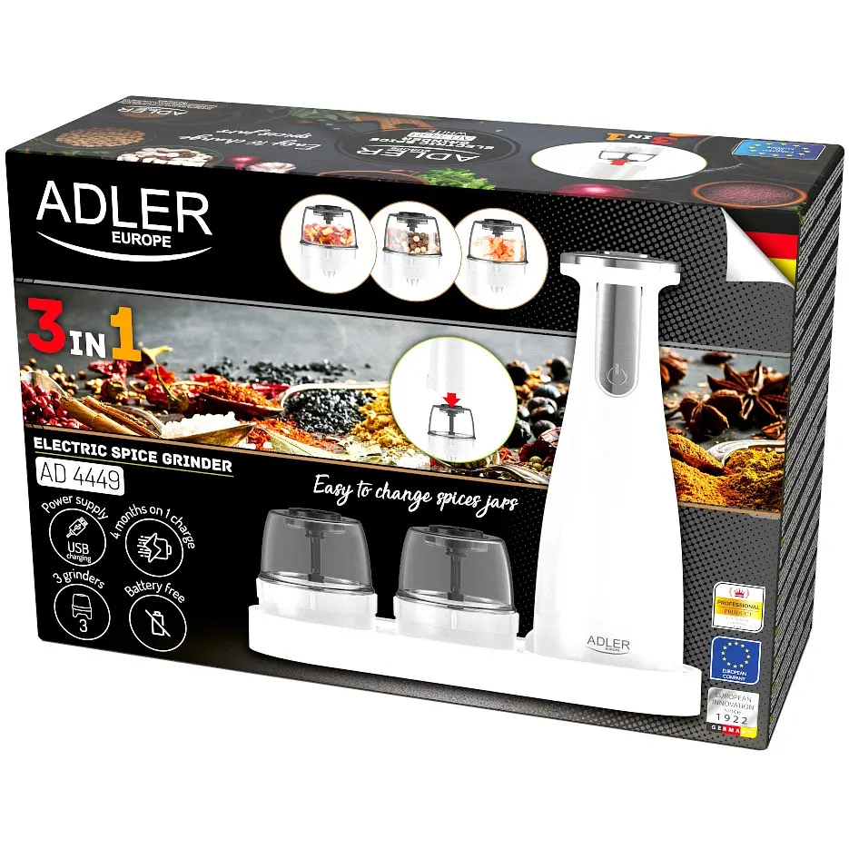 Млинок для спецій Adler AD 4449 білий електричний/150мл/керамічні жорна/USB-C/3 змінні млинки/білий - фото 7