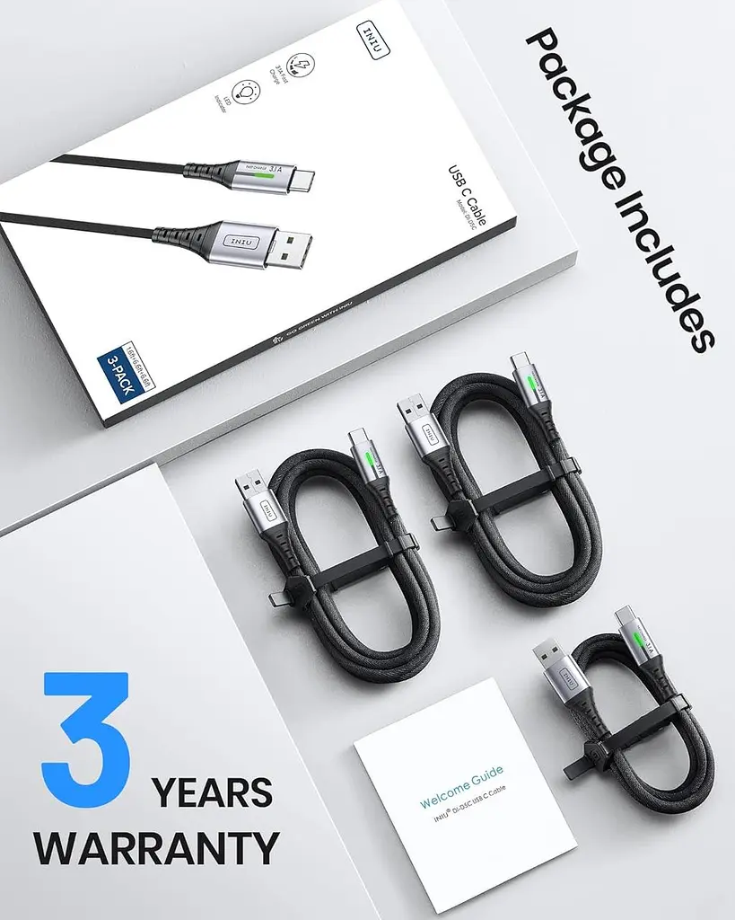 Кабель INIU USB C, [3 одиниці 3.1A] QC3.0 швидке заряджання USB типу C, плетений нейлон (1,6+6,6+6,6 футів) - фото 2