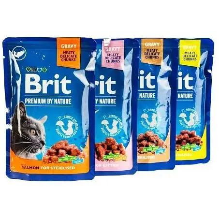 Вологий корм Brit Premium Cat Набір паучів сімейна тарілка для стерилізованих котів асорті 4 смаки 100 г х 12 шт. - фото 2