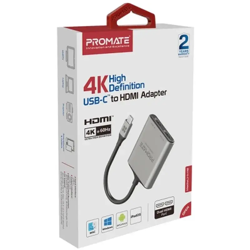 Перехідник USB-C to 2xHDMI 4K Promate (medialink-h2.grey) - фото 2