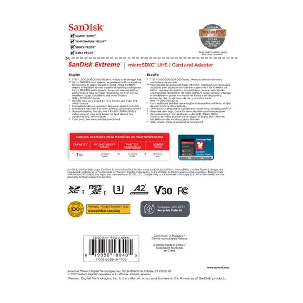 Карта пам'яті SanDisk 1TB microSD class 10 UHS-I U3 V30 Extreme (SDSQXAV-1T00-GN6MA) - фото 6