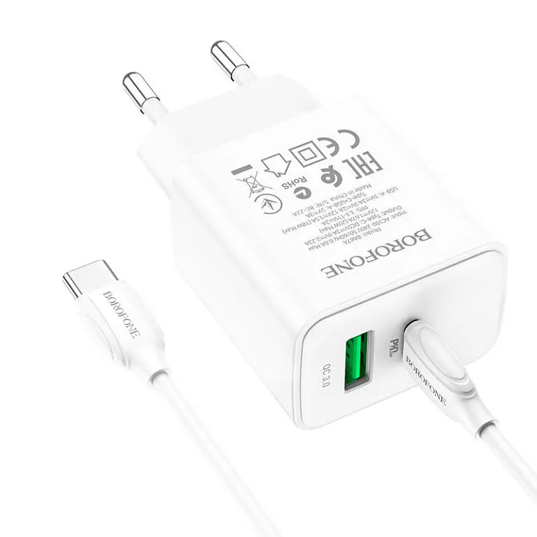 МЗП Borofone BA67A PD20W+QC3.0 (1USB-A/1C) + кабель Type-C to Type-C Білий - фото 2