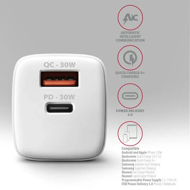 Зарядний пристрій AXAGON 1xUSB QC4.0 + 1xUSB-C PD30W PPS white (ACU-PQ30W) - фото 5