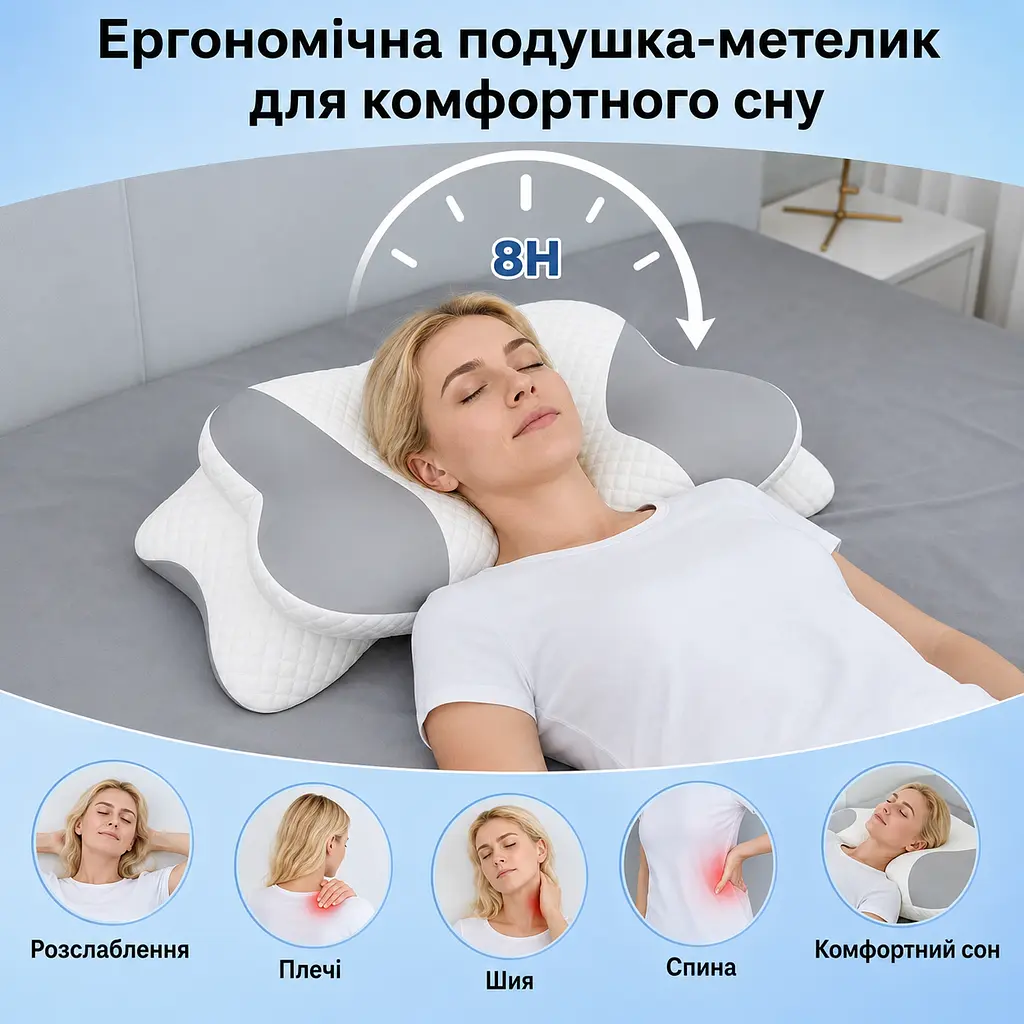 Ортопедична подушка Solve Beauty Метелик сіро-біла 65 x 40 x 15/10 см (KT9000401) - фото 7