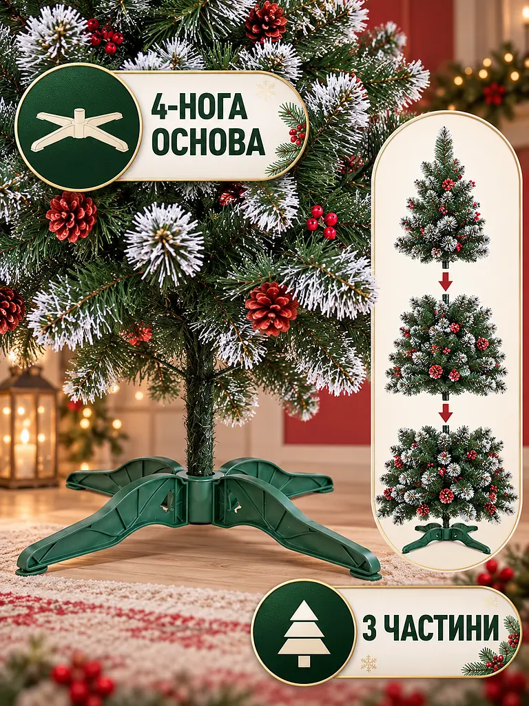 Штучна ялинка YaLINKA КK22 Адель 220 см із червоними шишками, перлами та засніженими кінчиками, зелена (49676508) - фото 6
