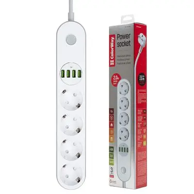 Мережевий фільтр живлення ColorWay (CW-CHE44W), 4 розетки/4USB White 2M (CW-CHE44W) - фото 2