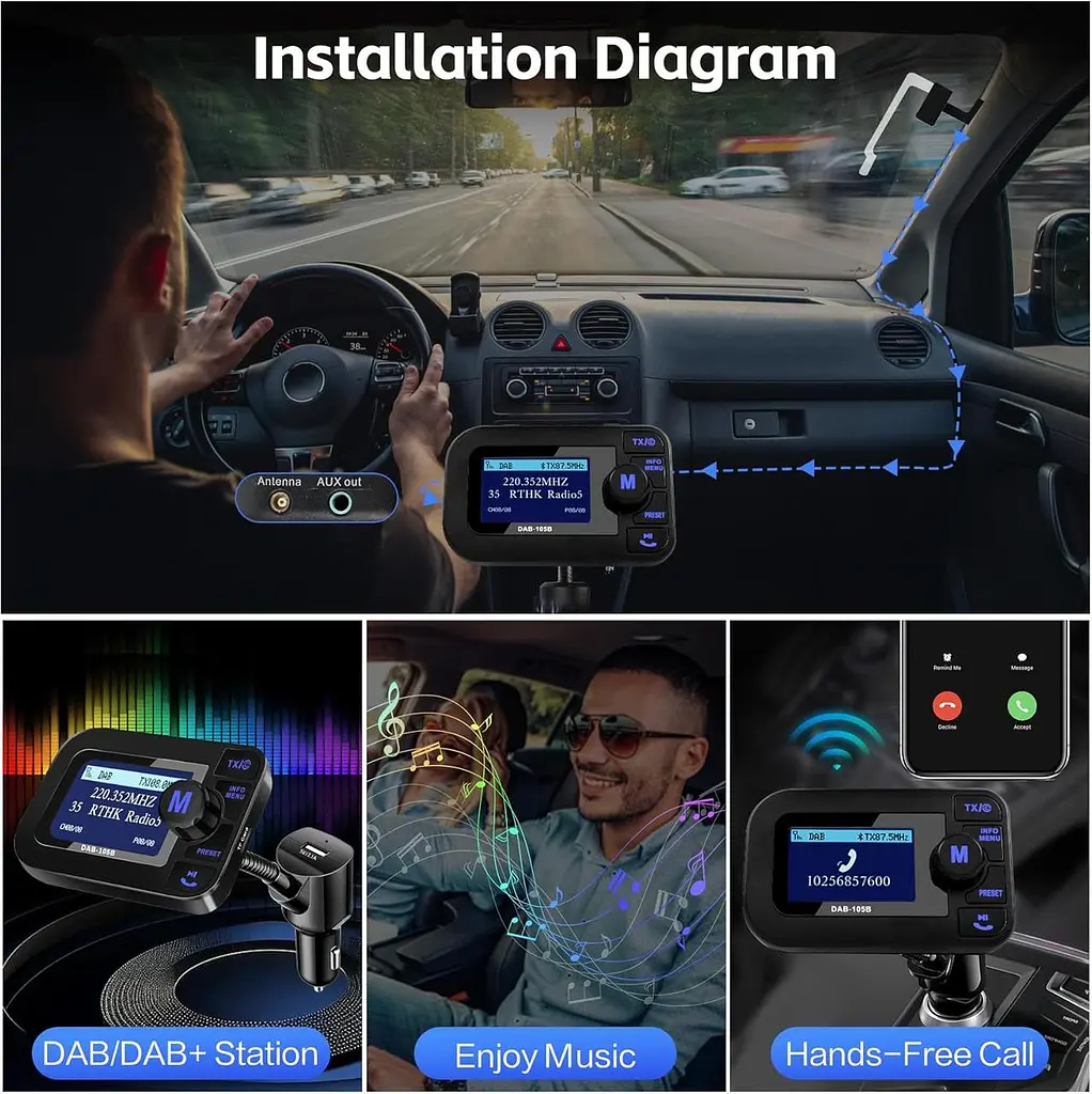 Автомобільний DAB+ Bluetooth адаптер DeepBetter з LCD дисплеєм, AUX і USB - фото 2