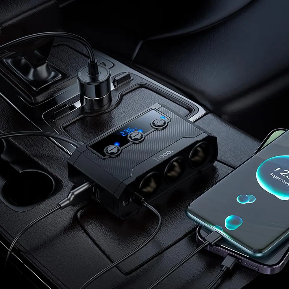АЗУ Hoco Z64 Anshun 240W digital display 3-in-1 cigarette lighter(2C2A) car charger Black - фото 3