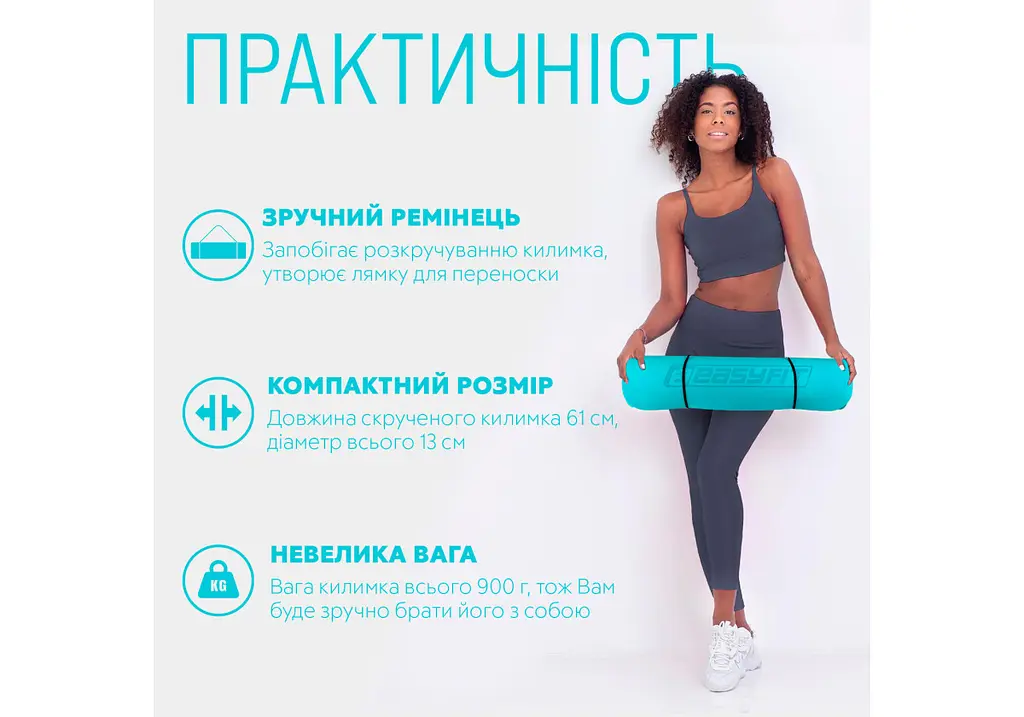 Килимок для йоги та фітнесу EasyFit TPE+TC 6 мм двошаровий + Чохол м'ятний-чорний (EF-1924s-MTB) - фото 2