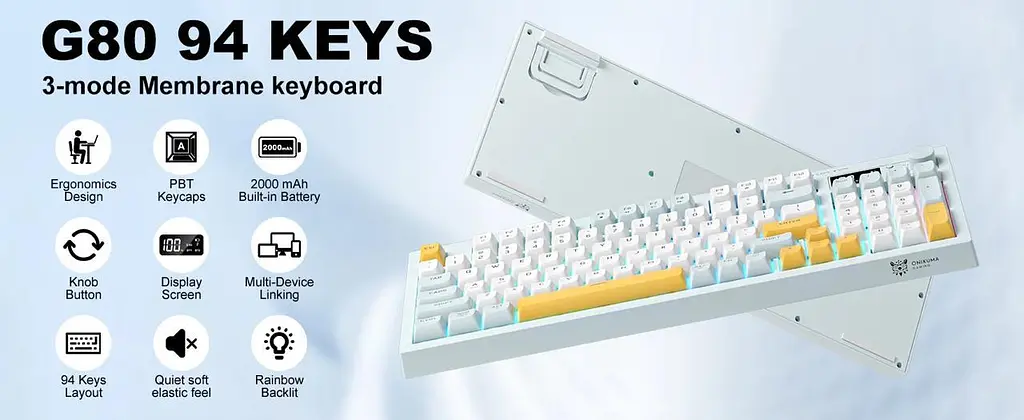 Клавіатура Onikuma ігрова мембранна G-80D бездротова з LED дисплеєм та RGB підсвіткою для ПК і ноутбука білий - фото 8