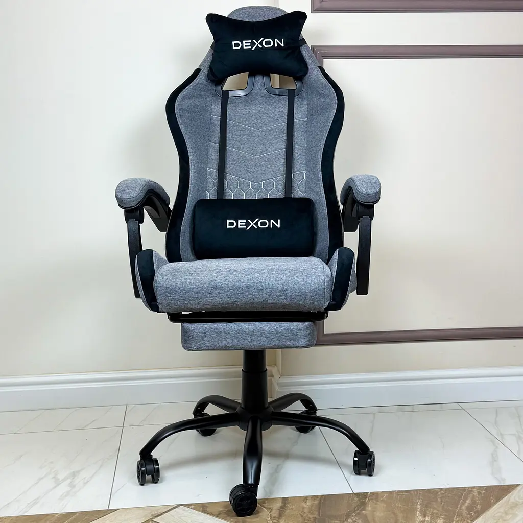 Геймерське крісло DEXON ORION X з підставкою для ніг, з тканини+подушки велюр, металева хрестовина, Сірий - фото 3