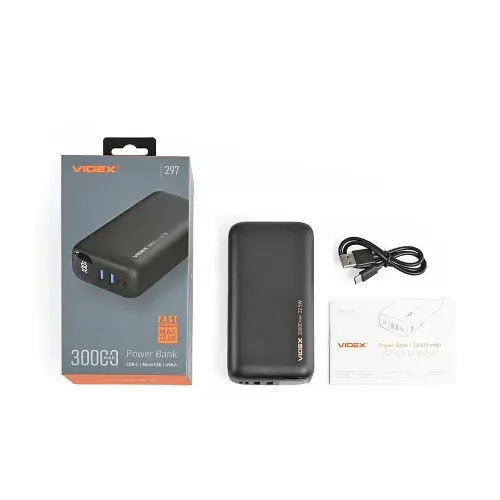 Універсальна мобільна батарея 30000 mAh, Videx VPB-297, Black, 22.5 Вт, 1xType-C (PD3.0) / 2xUSB (QC3.0), цифровий LED дисплей (VPB-297-B) - фото 5