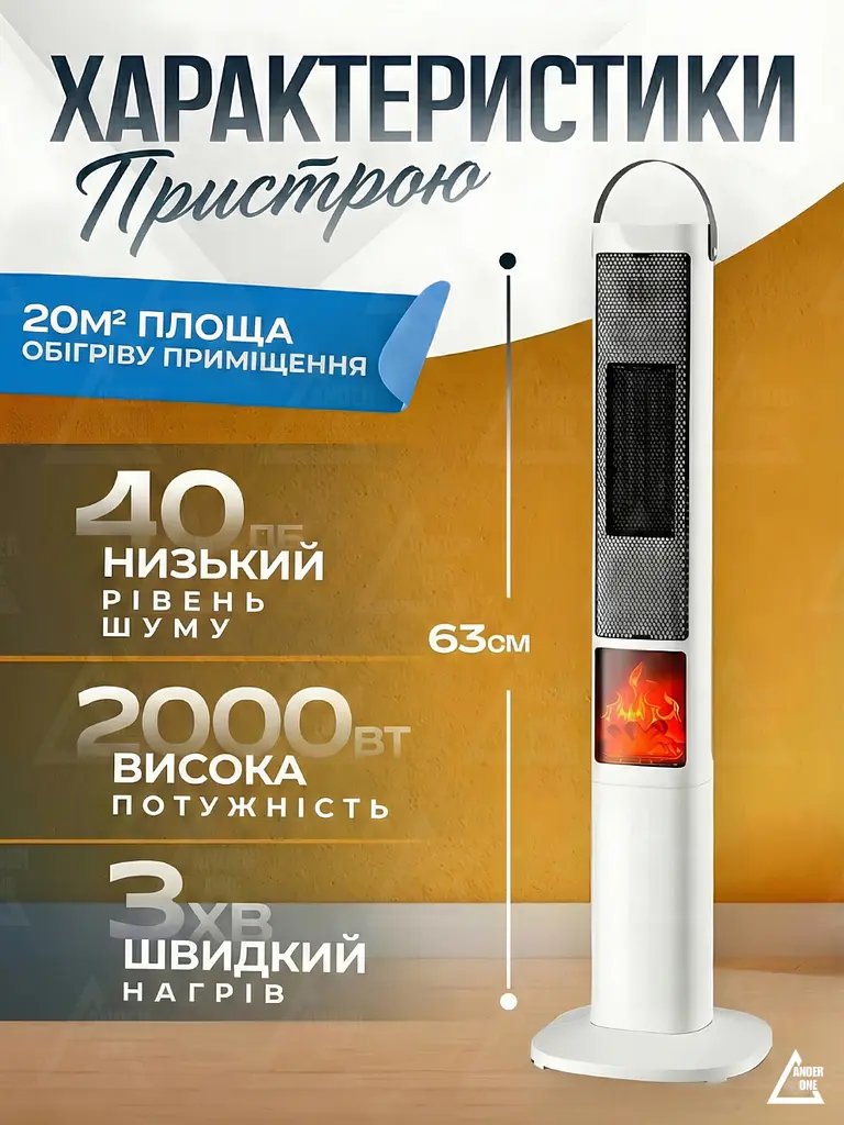 Тепловентилятор з авто-поворотом і нічником, 3 режими, Обігрівач-дуйка 2000W з імітацією каміна, Білий (3386509451) - фото 4