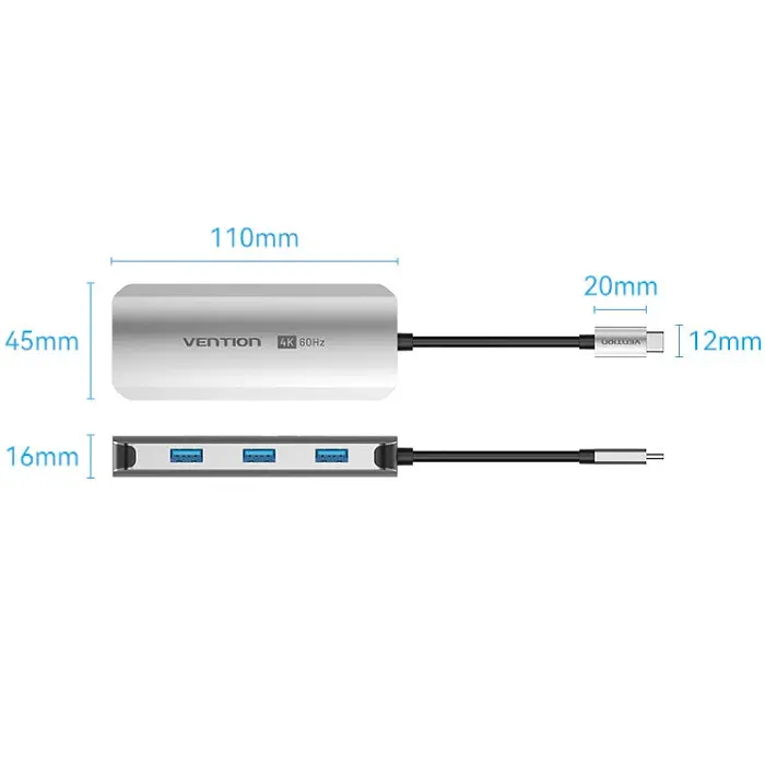 Док-станція USB3.1 Type-C --> HDMI 60Hz/USB 3.0x3/PD 100W 5-in-1 Vention - фото 4