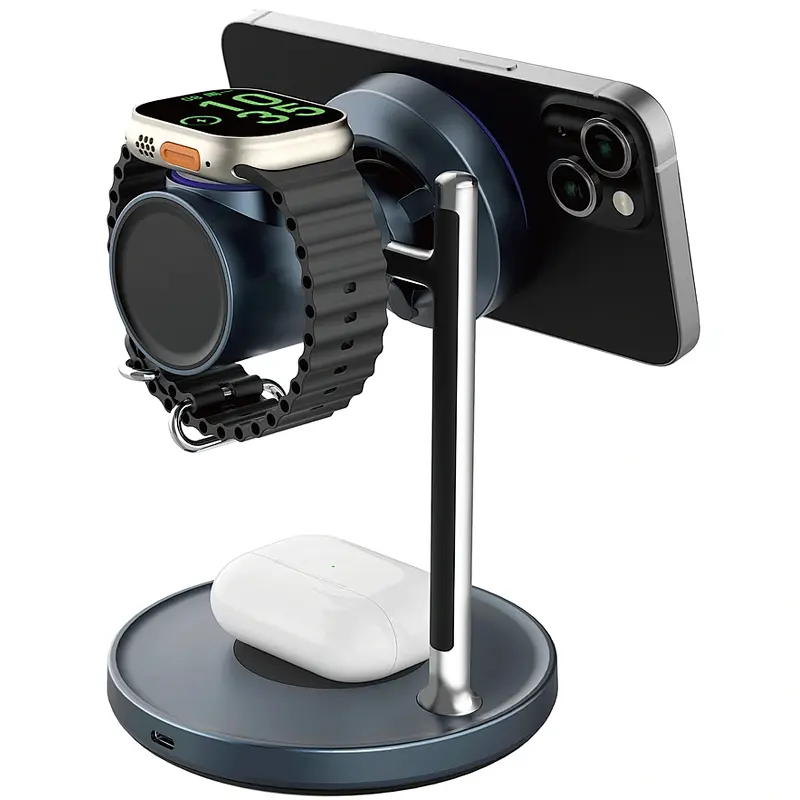Бездротовий зарядний пристрій WIWU Wi-W041 Space Qi2 3 in 1 wireless charger Black - фото 3