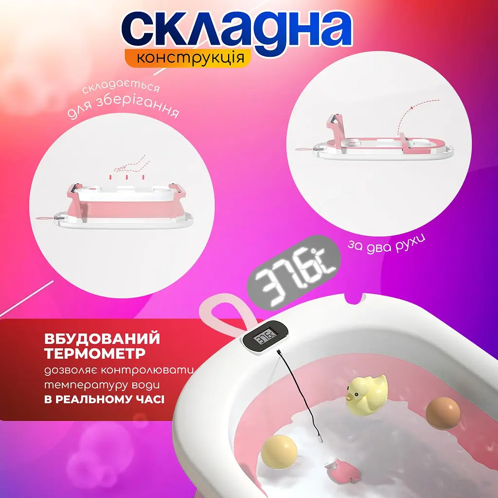 Ванночка дитяча складна з матрациком для для купання, з термометром, та зливом, для новороджених та немовлят від 0 до 2.5р. (біло-рожева сolombokid) - фото 3