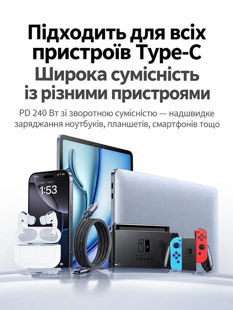 Кабель UGREEN L701 USB-C - USB-C USB 3.2 Gen 2 PD 240 Вт 2 м космічний сірий (95619) - фото 11