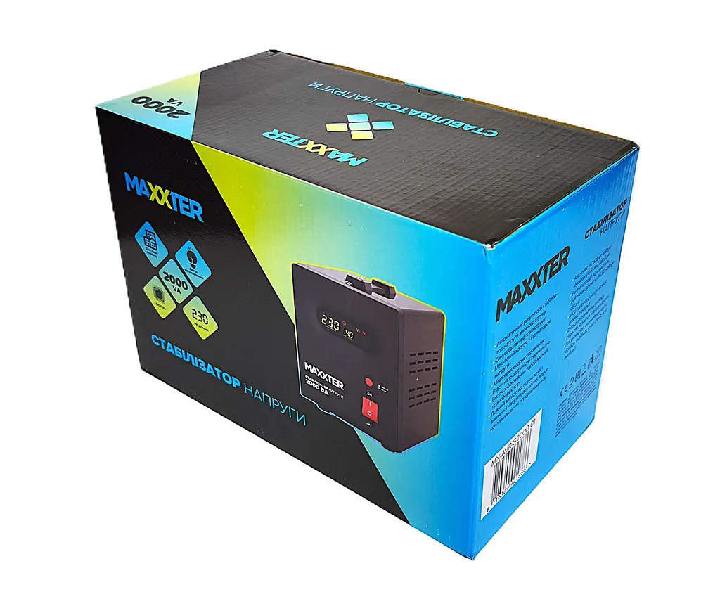 Стабілізатор напруги релейний Maxxter MX-AVR-S2000-01 2000 VA 1200 Вт 140-270 В 2 розетки настільний - фото 6
