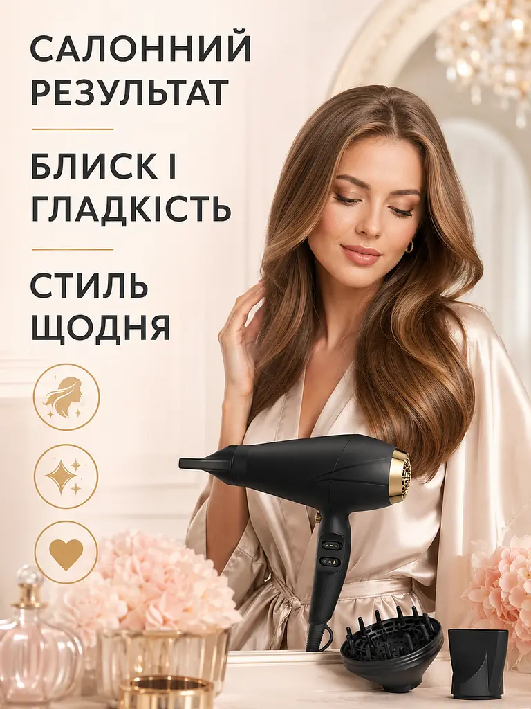 Фен для волосся 2400 Вт з іонізацією, дифузором, концентратором 26×22×8,8 см чорно-золотистий (49676167) - фото 9