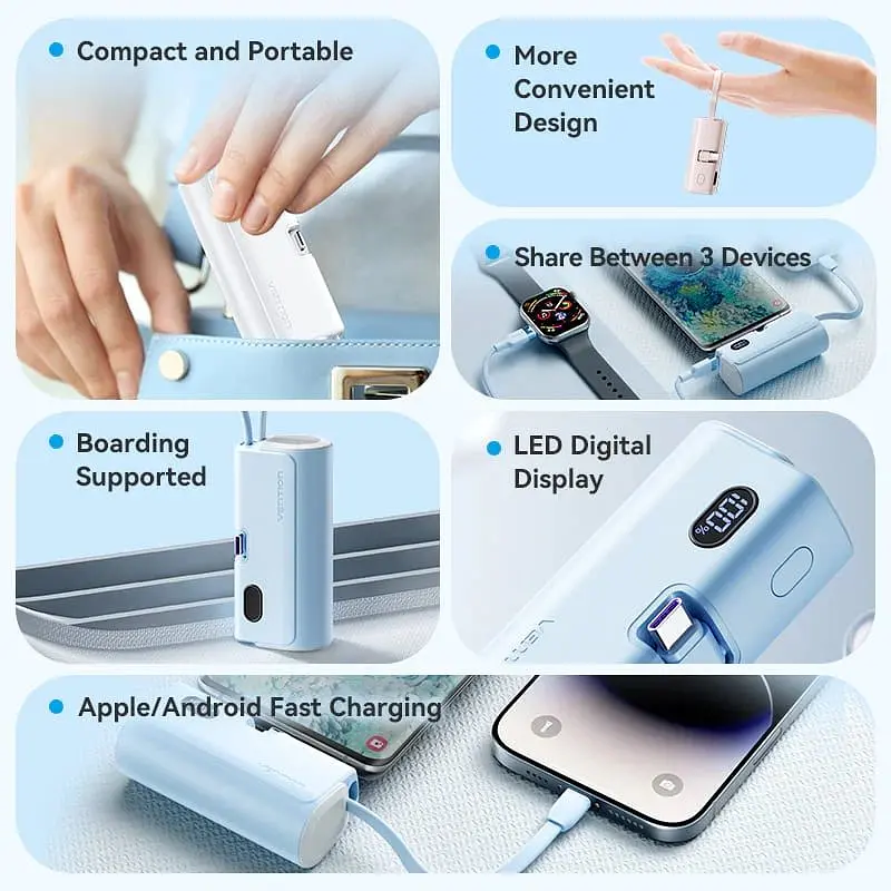 Універсальна мобільна батарея Vention 4800mAh 22,5W PD USB-C In/Out LED display with built-in USB-C cable Blue (FHQL0) - фото 3