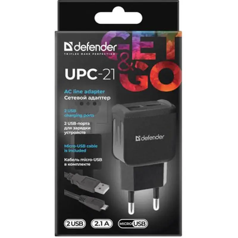 Зарядний пристрій Defender UPС-21 2xUSB,5V/2.1А кабель microUSB (83581) - фото 5