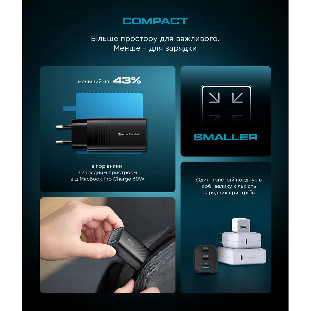Зарядний пристрій Armorstandart 2xUSB-C + 1xUSB 67 Вт GaN чорний (ARM88384) - фото 2