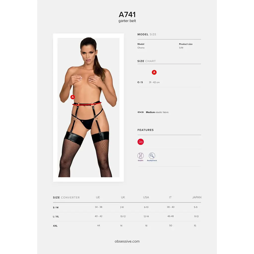 Гартери Obsessive A741 garter belt Black O/S, штучна шкіра - фото 5