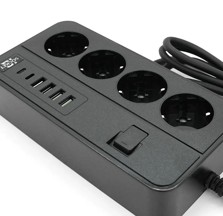 Сетевой фильтр-удлинитель Voltronic G-13, 3000W, 4 Socket + 4 USB 3,2А + 2 Type-C, 2м, Black - фото 3